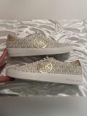 Michael Kors Neutral Monogram Sneakers with Gold MK Circle